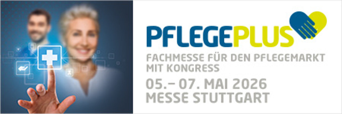 Bannerwerbung f&uuml;r die Messe PflegePlus 2026, Besuchen Sie uns in Halle 4 am Stand B 27.